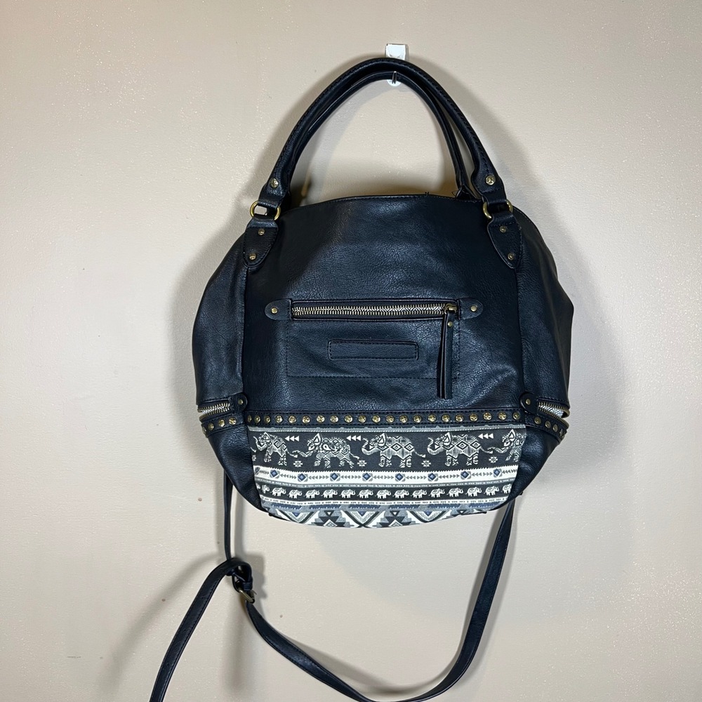 Black Vegan Leather Elephant Print Boho Satchel Crossbody Bag Studded Accents